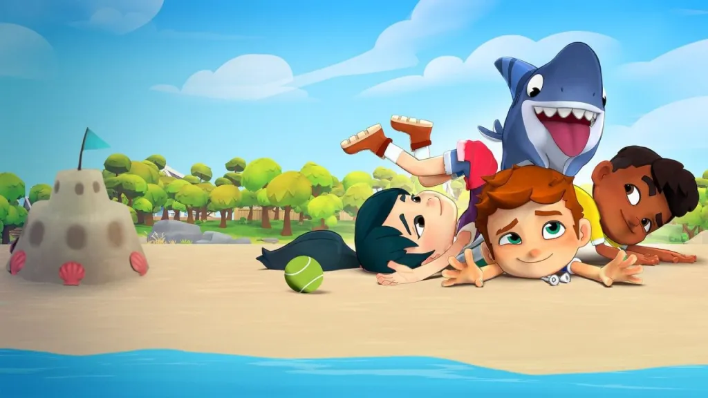 Imagem de desenho animado com crianças e tubarão