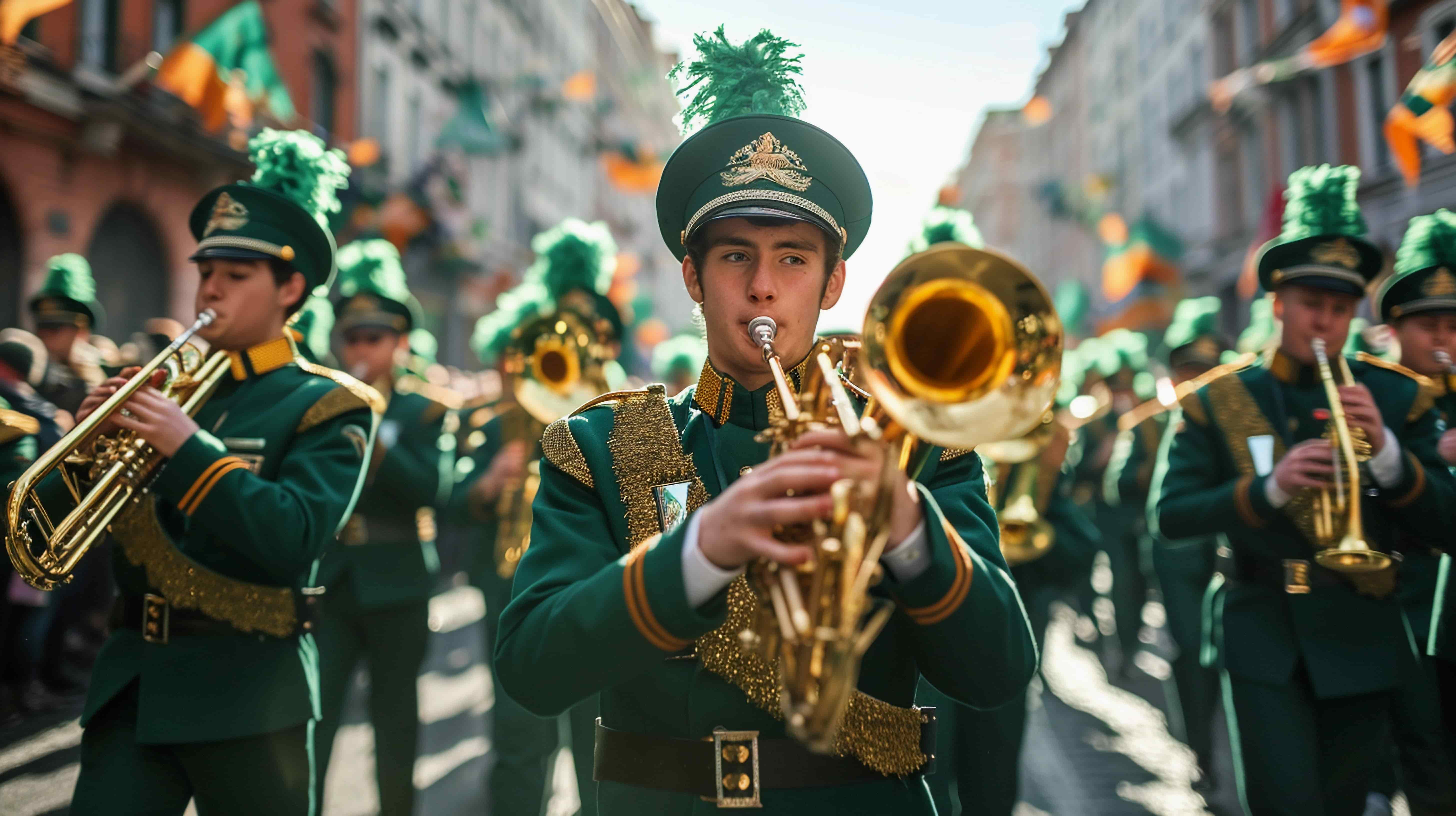 Homem tocando em banda marcial do Saint Patrick's Day